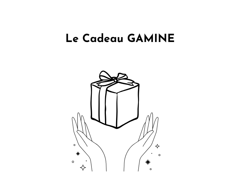 Illustration of hands holding a gift box with 'Le Cadeau GAMINE' text above.