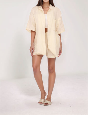 Breezy Cotton Set – front view of coordinated shirt and shorts set in beige from Gamine