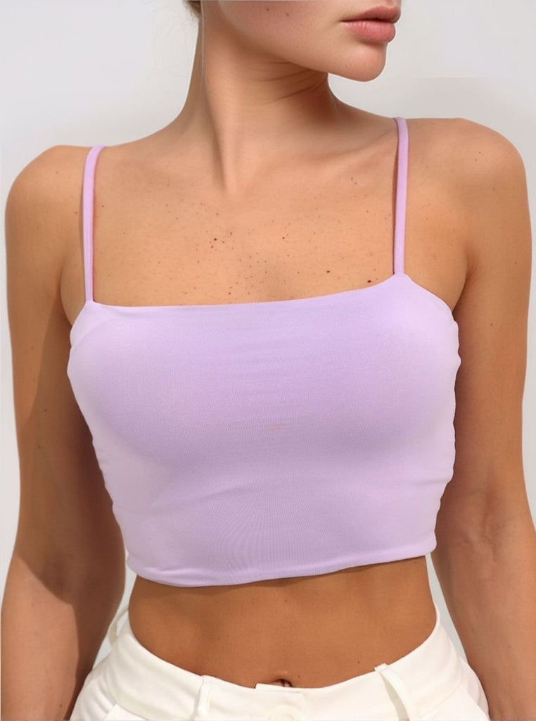 Gamine Cami Top – sleek lilac crop top with adjustable thin straps, stretch fabric
