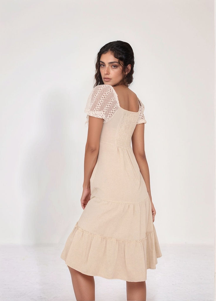 Back side view of beige Casual Midi Dress – sleeveless midi with soft silhouette from Gamine Lebanon