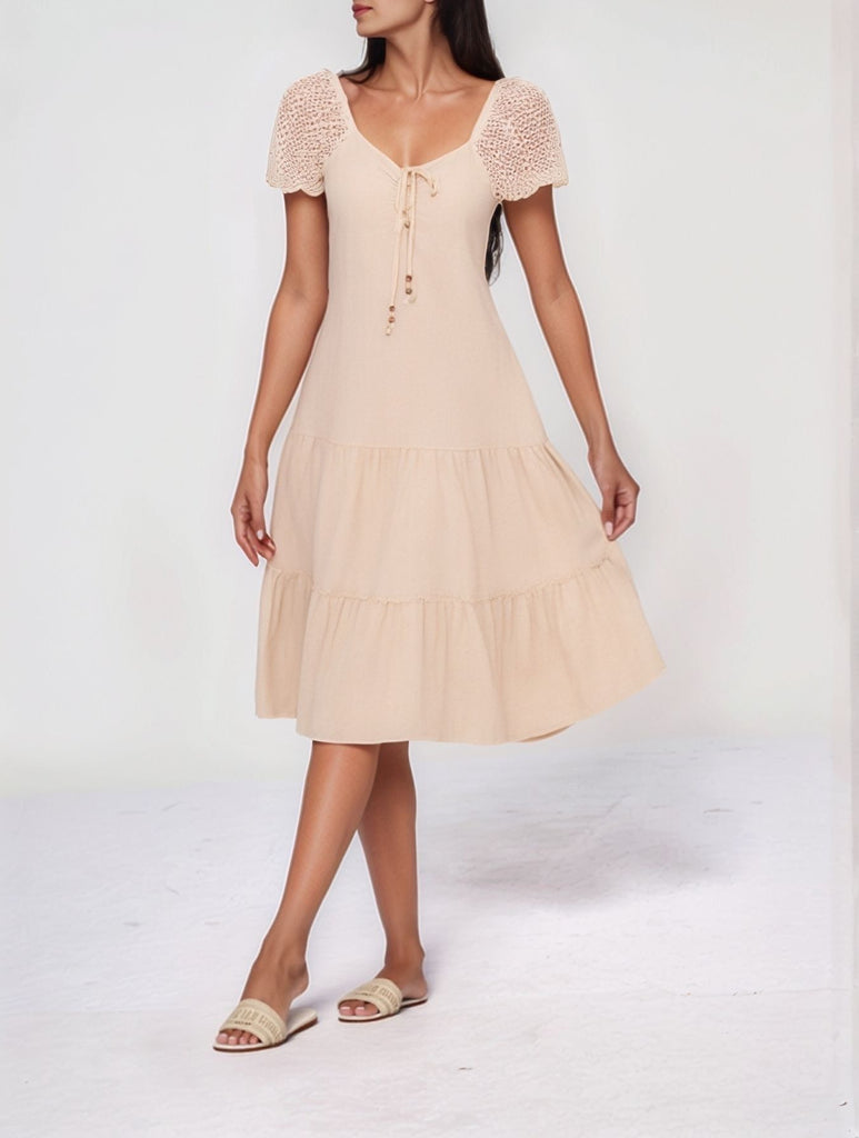 Front view of beige Casual Midi Dress – cotton blend midi for relaxed everyday wear from Gamine Lebanon
