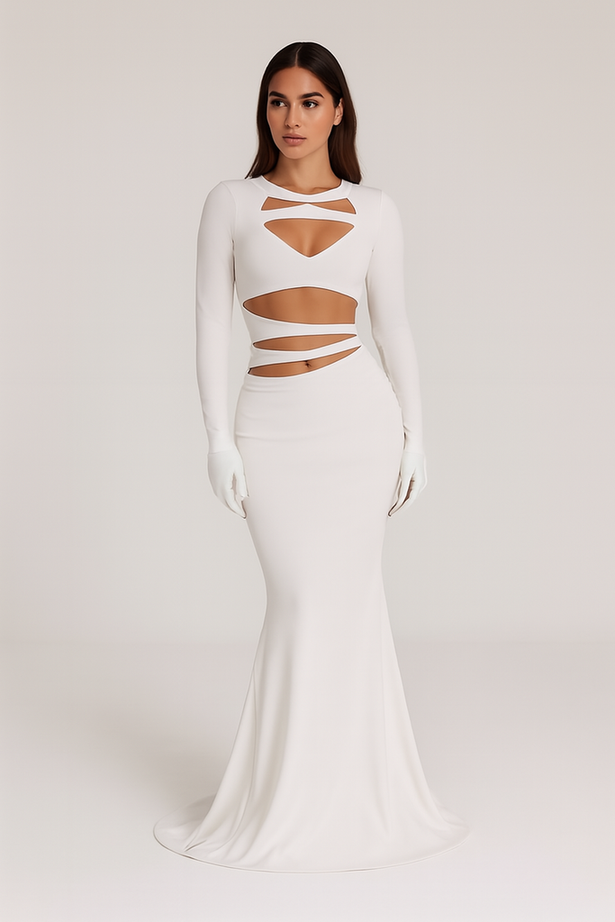 Model in sleeveless white Chic Temptress dress by Gamine, posing confidently in Lebanon – chic summer style