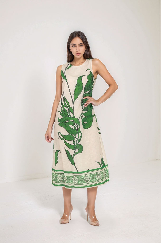 Front view of Fern Bliss – printed sleeveless maxi dress from Gamine Lebanon