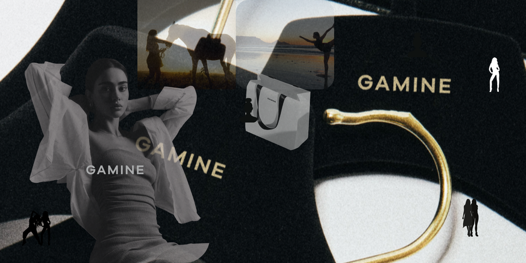 Collage of a woman, a dancer, and a gold bracelet with 'GAMINE' branding