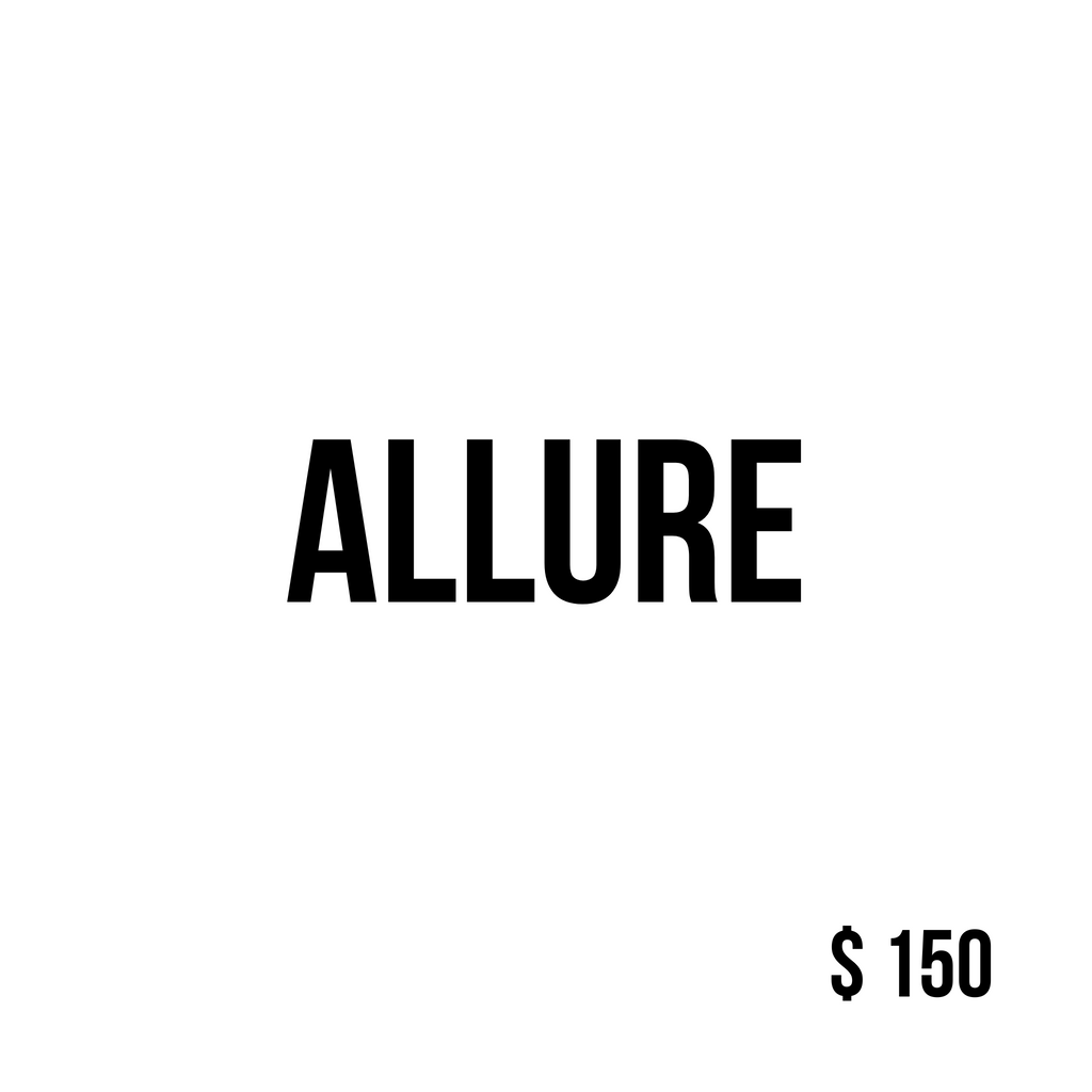 Minimalist white gift card with ‘Allure’ in black lettering – $150 denomination