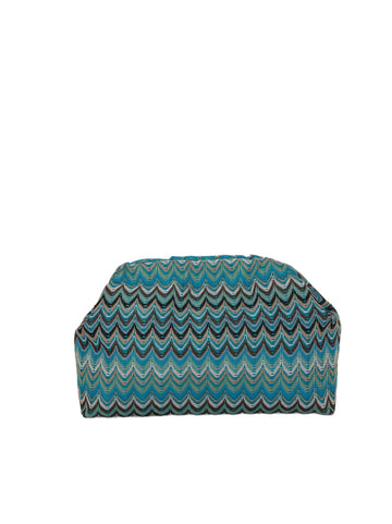 Island Paradise clutch - front view of teal chevron‑patterned clutch bag with vibrant wavy stripes