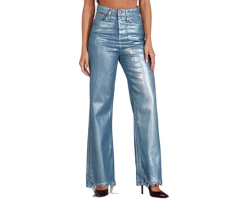  Metallic Denim – front view of shimmering straight-leg pants with stretch fit