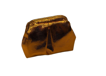 Metallic Gold Rush clutch – front view of glossy metallic gold bag on white background”