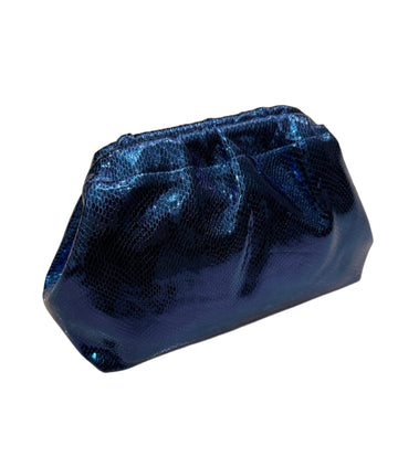 Metallic Midnight Clutch – front view of metallic midnight‑blue clutch bag with glossy finish