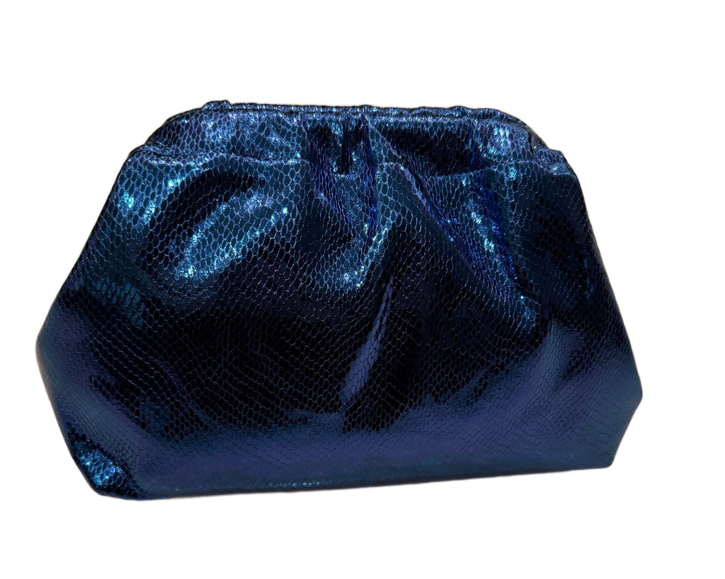 Metallic Midnight Clutch – side view showing gathered shape and midnight‑blue sheen