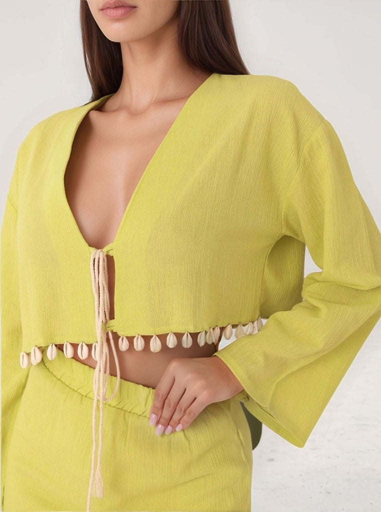 Neon Blaze Co-ords – angled view of cropped lime green top with shell trim