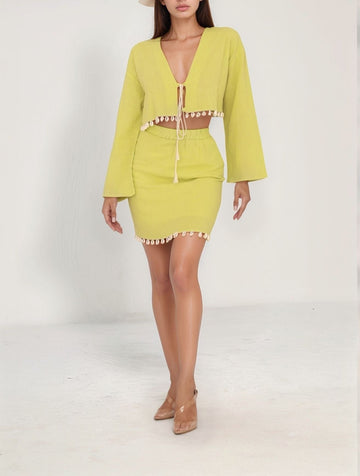Neon Blaze Co-ords – front view of lime green tie-front top and skirt set