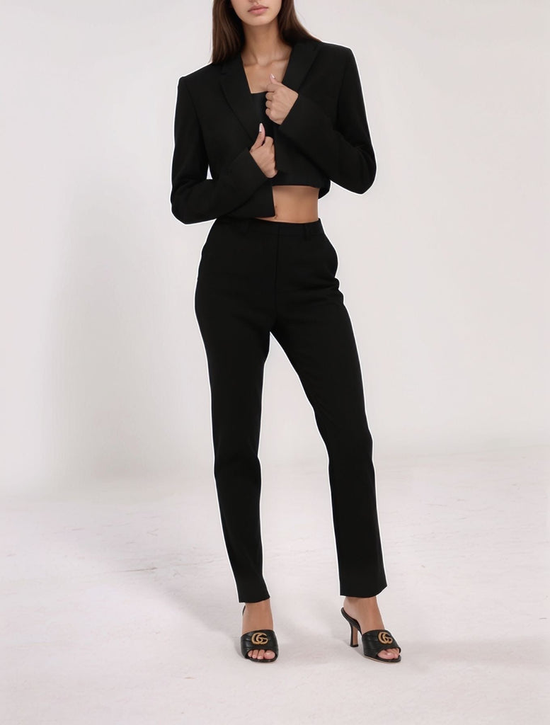 Front view of black Noir Nouveau Suit featuring cropped blazer and tapered pants from Gamine Lebanon