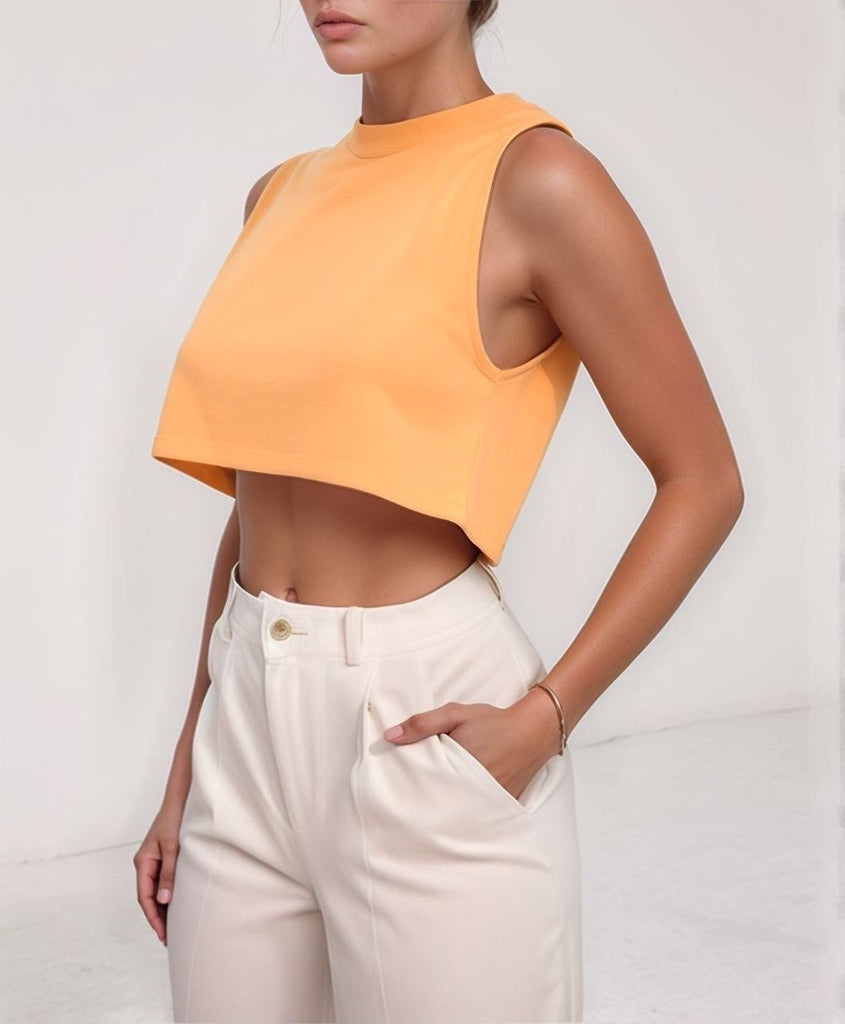 Sila Top – front view of peach cotton crop tank top with crew neck