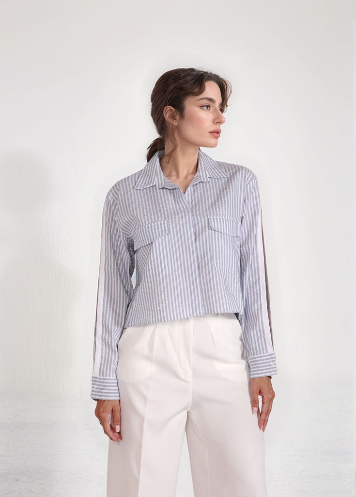 Skyline Shirt – side view showing arm cutout and striped pattern in cotton‑blend shir